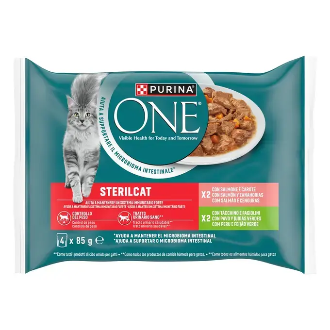 PURINA ONE STERILCAT Φιλετάκια σε σάλτσα με Σολομό και Καρότα & Γαλοπούλα  και Πράσινα Φασολάκια 