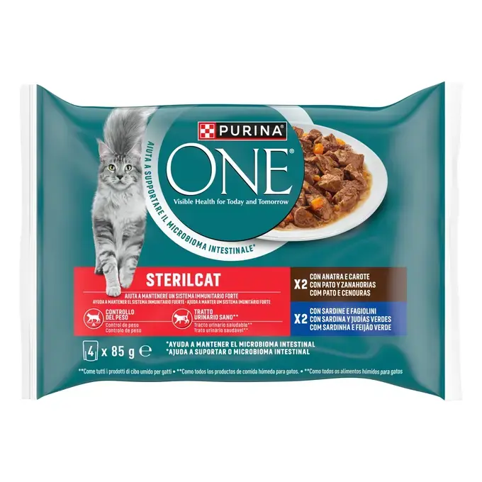 PURINA ONE STERILCAT Φιλετάκια σε σάλτσα με Πάπια και Καρότα & Σαρδέλες και Πράσινα Φασολάκια 